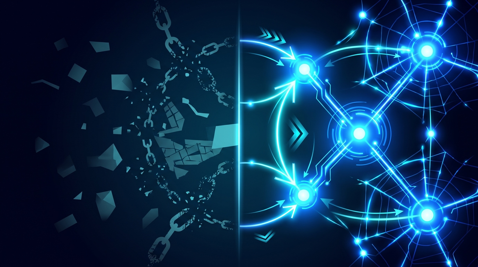Side-by-side: broken link-building tactics on the left (faint, dissolving) vs working tactics on the right (bright, structured, connected)