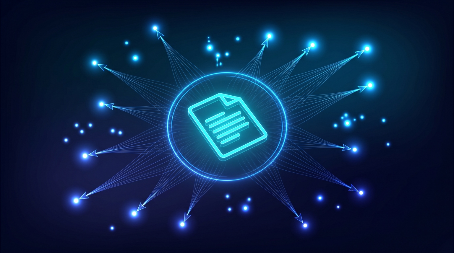 A central research document with thin filament citation arrows radiating outward to multiple smaller citation nodes scattered across the dark field