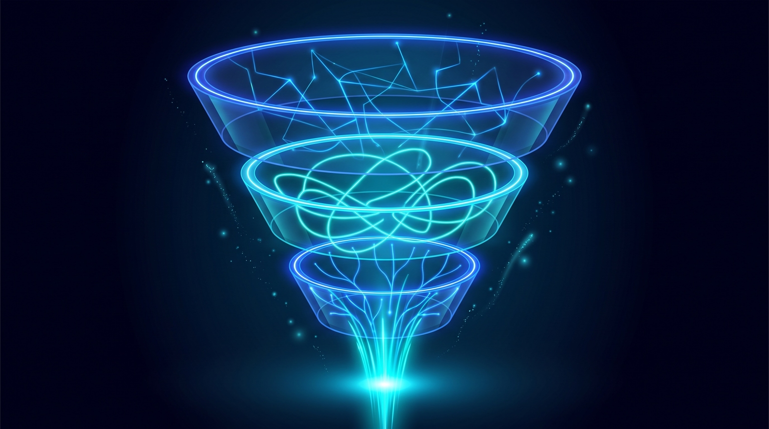 Three nested filters a brand name must pass — signals what you do, easy to remember and spell, has room to grow — converging on a single surviving name at the bottom