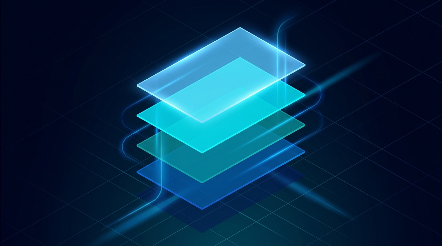 Layer structure visualization: four stacked translucent rectangles of slightly different cyan hues representing Base, Content, Affiliate, Brand layers, each layer slightly offset in 3D perspective
