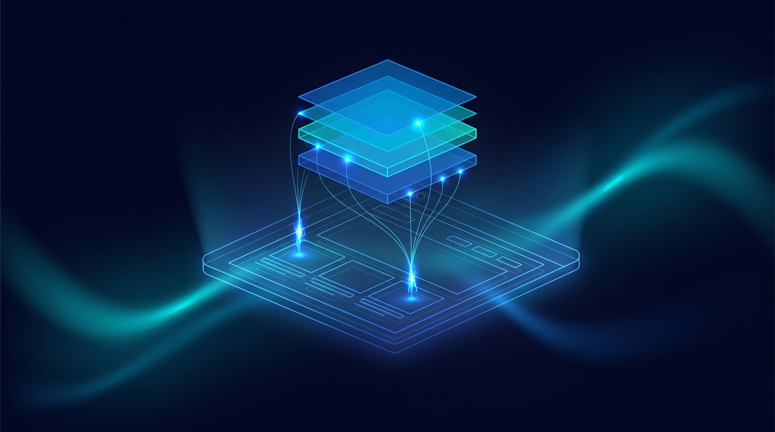 Site structure consuming layers: a translucent site outline with thin filament lines connecting up to multiple layer rectangles above, electric-blue accents on the connection points