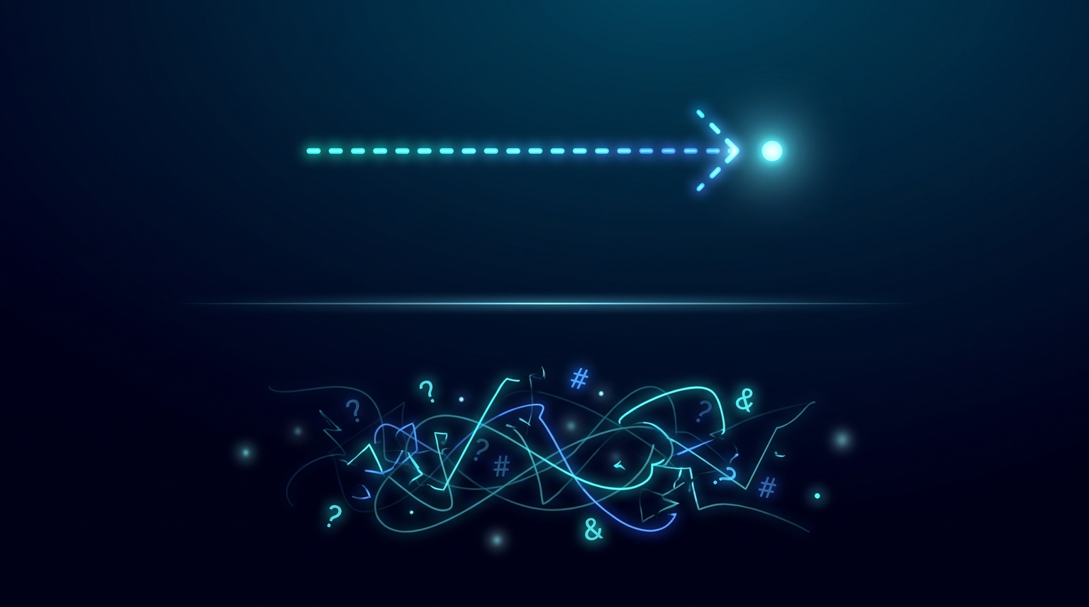 Clean short readable URL as a glowing path leading to a bright endpoint, contrasted with a messy parameter-heavy URL rendered in disarray below