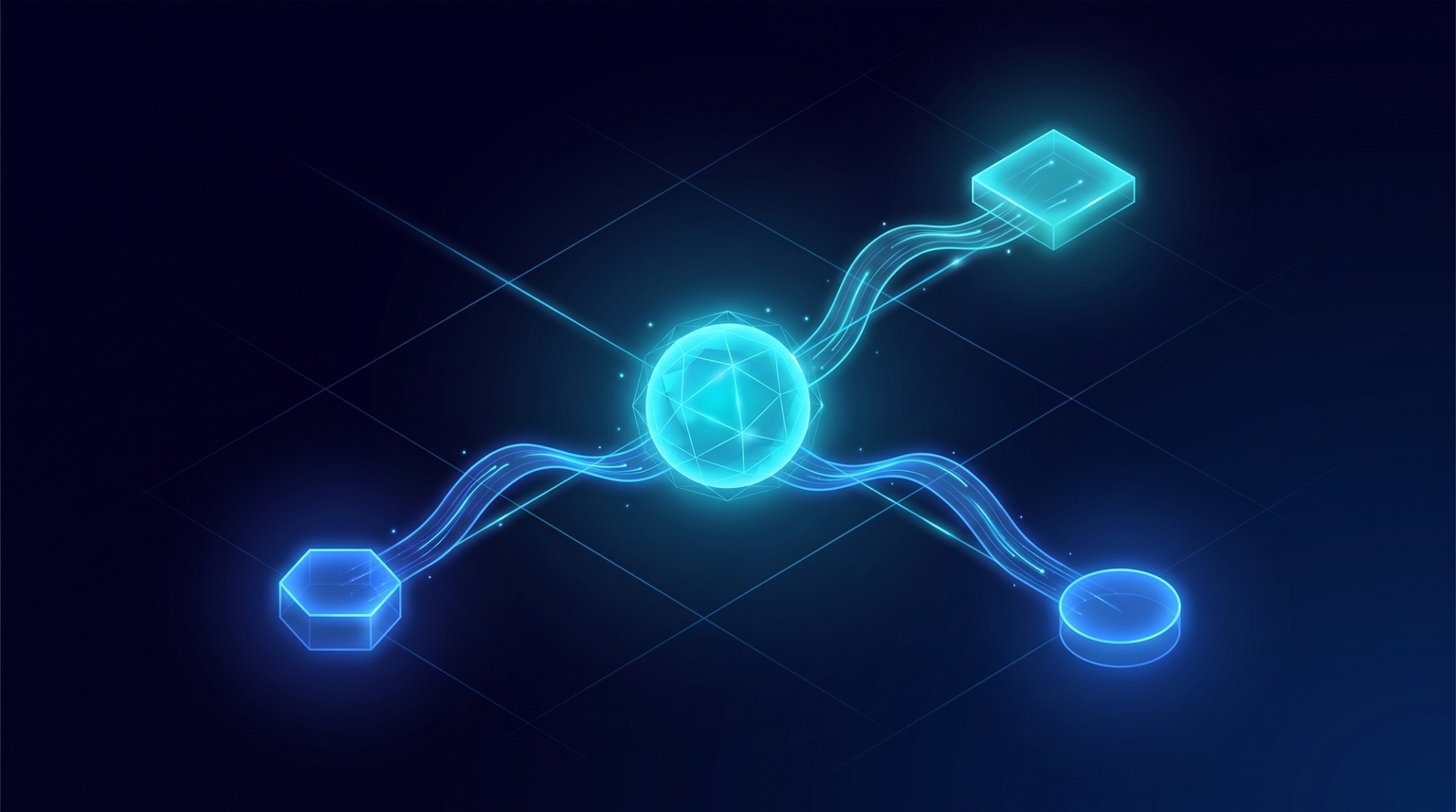 Schema markup as a central hub with three branches extending to translucent geometric nodes of different shapes — square, hexagon, circle — each in electric-blue glow