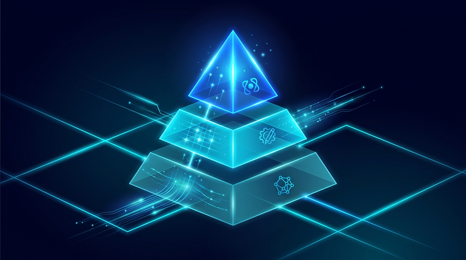 Three tiers of editorial outsourcing as a pyramid: top small band (pillar content kept in-house, brightest electric-blue), middle band (supporting content carefully outsourced, cyan), bottom large band (programmatic content systematized, dimmer cyan), apex pointing up