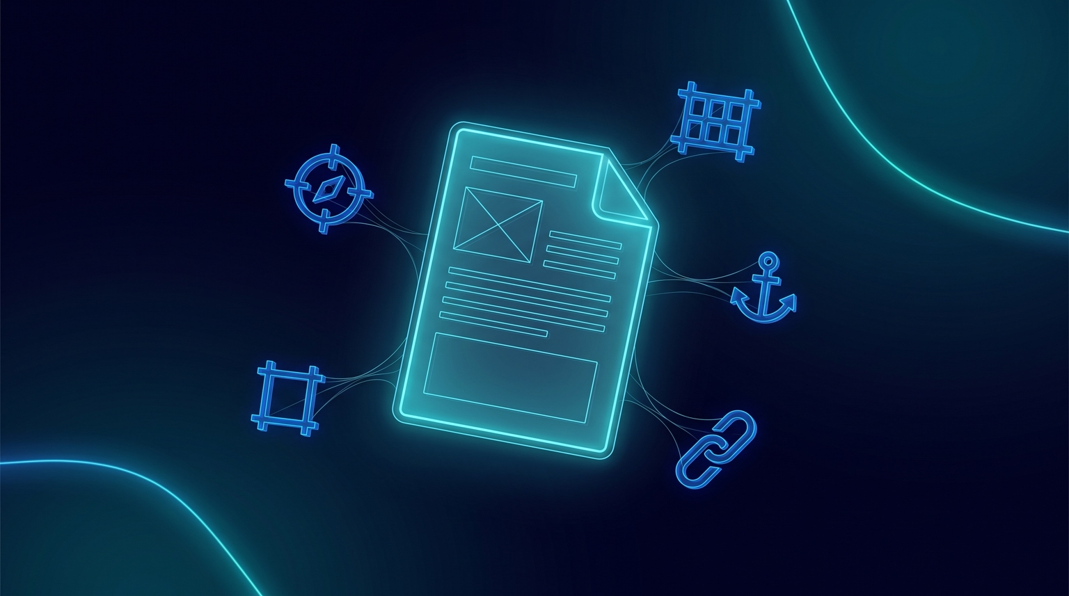 Brief anatomy as a glowing cyan document outline with translucent annotation overlays representing brief elements (target for angle, structure grid, voice anchor, links symbol) connected to the document by thin filament lines in electric-blue