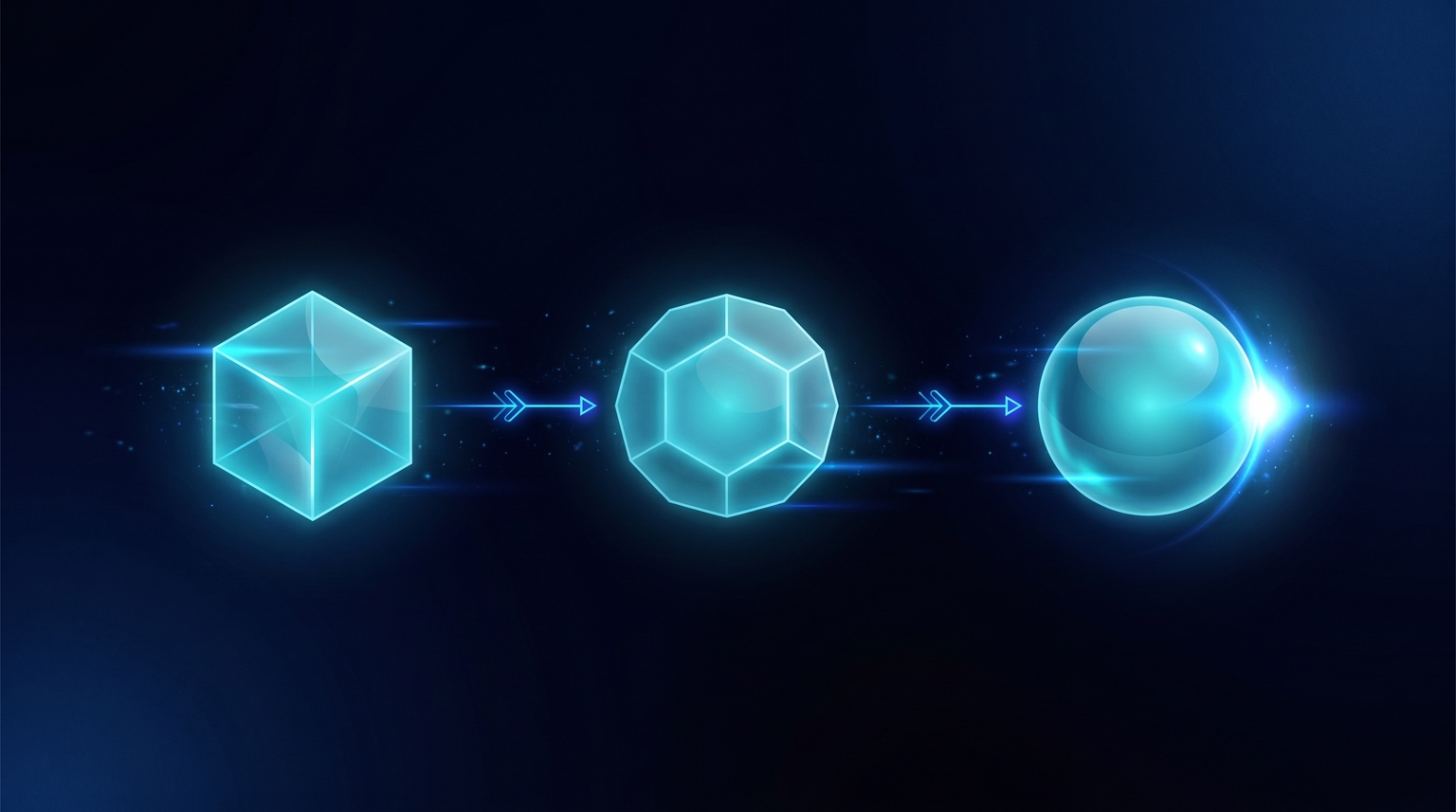 Three-pass editorial review process: glowing cyan nodes for self-review, editorial review, and SEO check, connected left-to-right by thin filament arrows in electric-blue, with a small bright pulse at the final node suggesting quality assurance passed