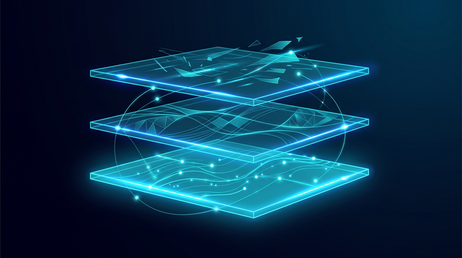 Three-layer architecture: data layer (bottom), template layer (middle), edge cases layer (top) shown as horizontal translucent layers stacked vertically with electric-blue highlights at boundaries