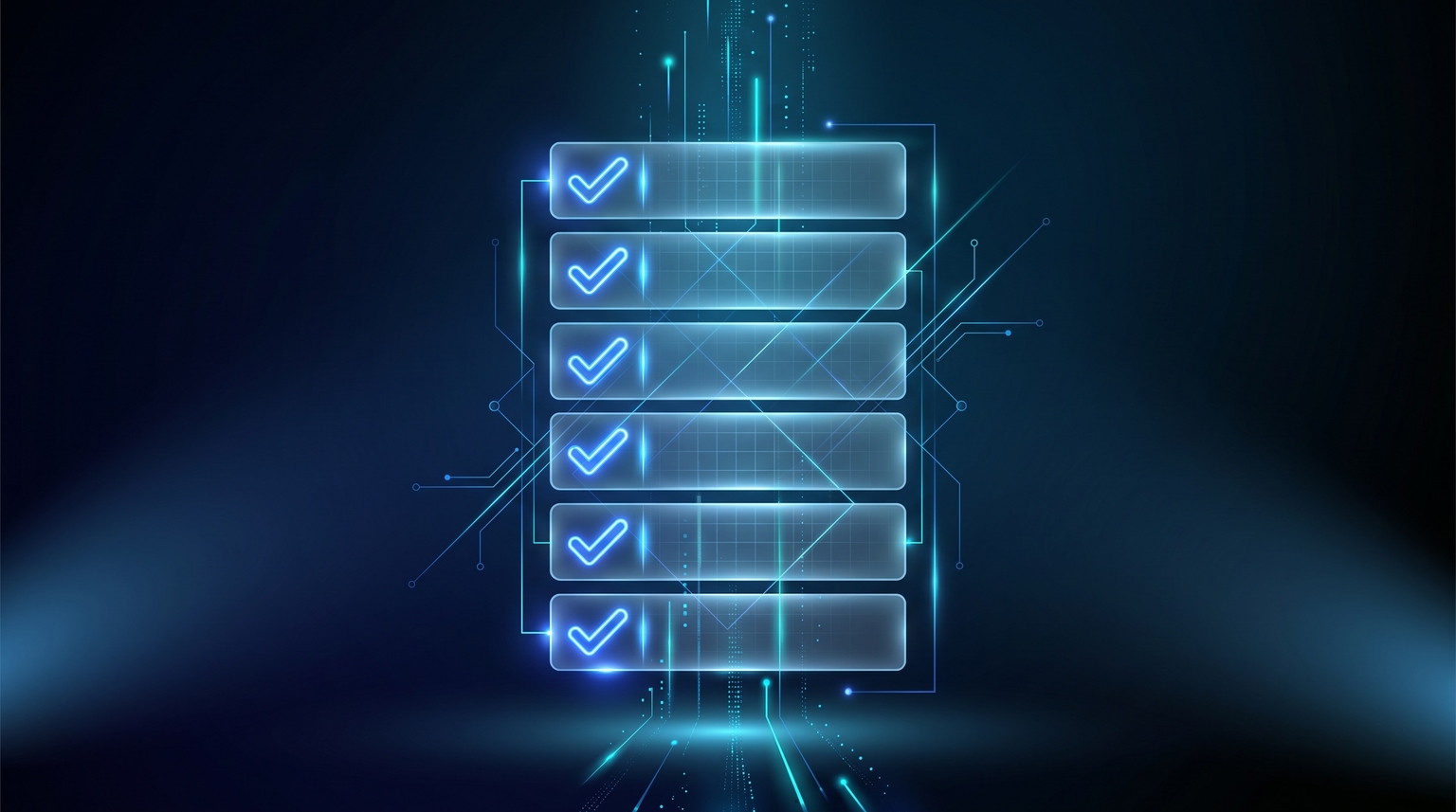 Algorithm survival checklist: vertical column of translucent checklist rows, each with a glowing electric-blue checkmark, six or seven rows stacked