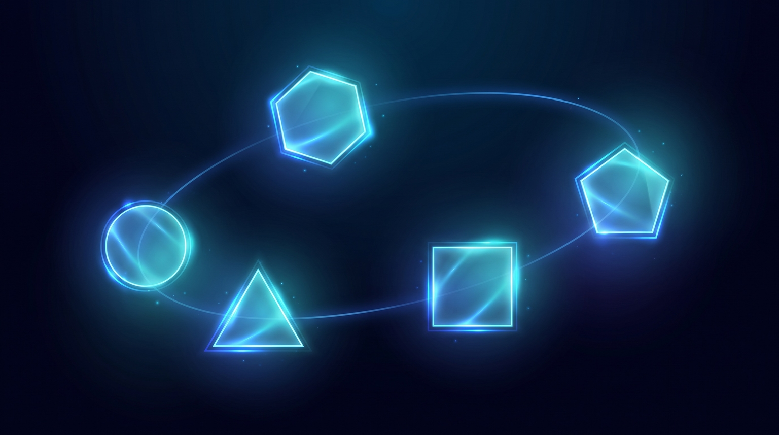 Five gap types in SERP analysis (coverage, format, depth, angle, quality) as translucent geometric shapes of different forms floating in a loose constellation pattern