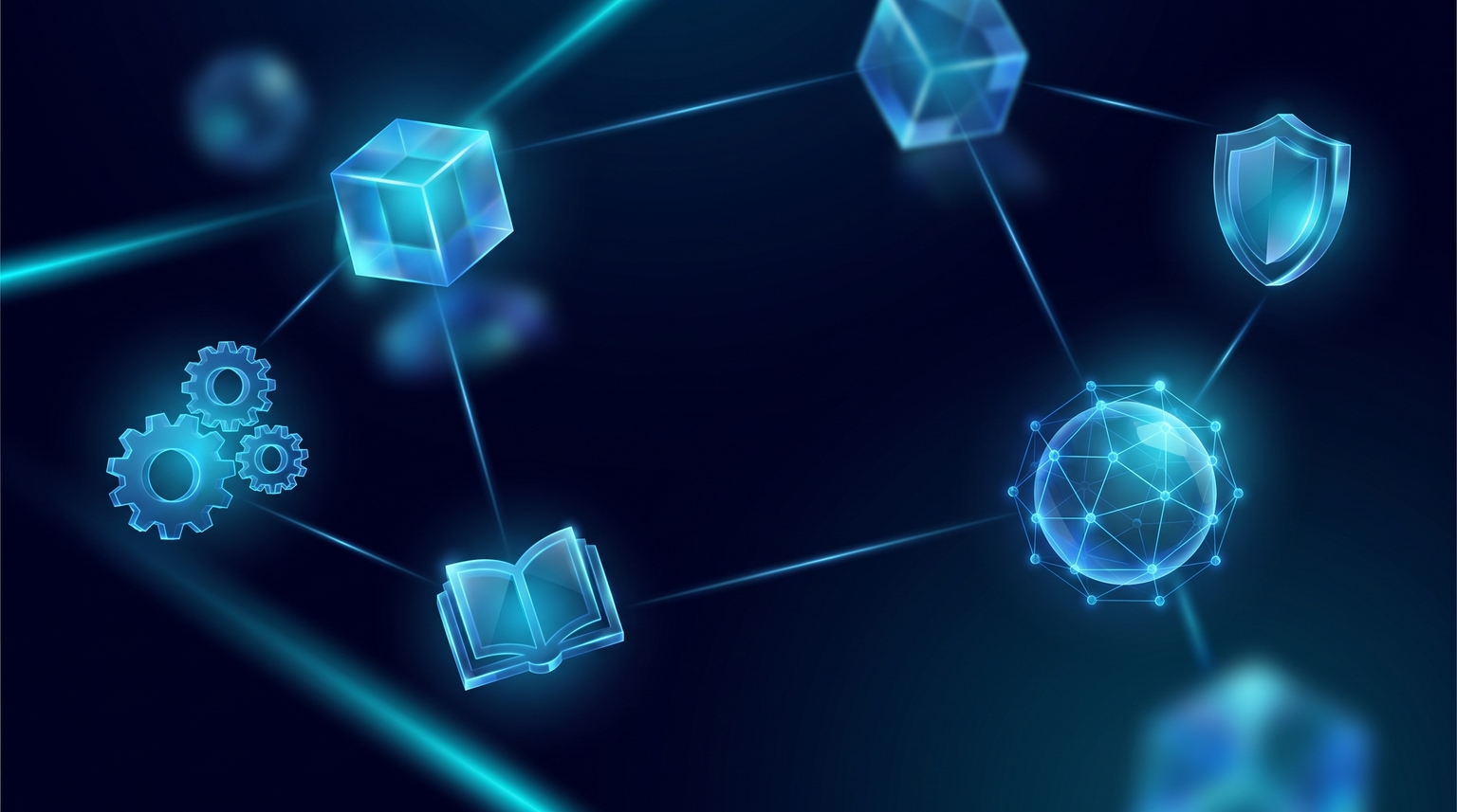 Hidden cost types: multiple translucent cyan geometric shapes scattered across the frame, each representing a different cost category (hosting, tools, content, compliance, team), with subtle connecting lines suggesting relationships