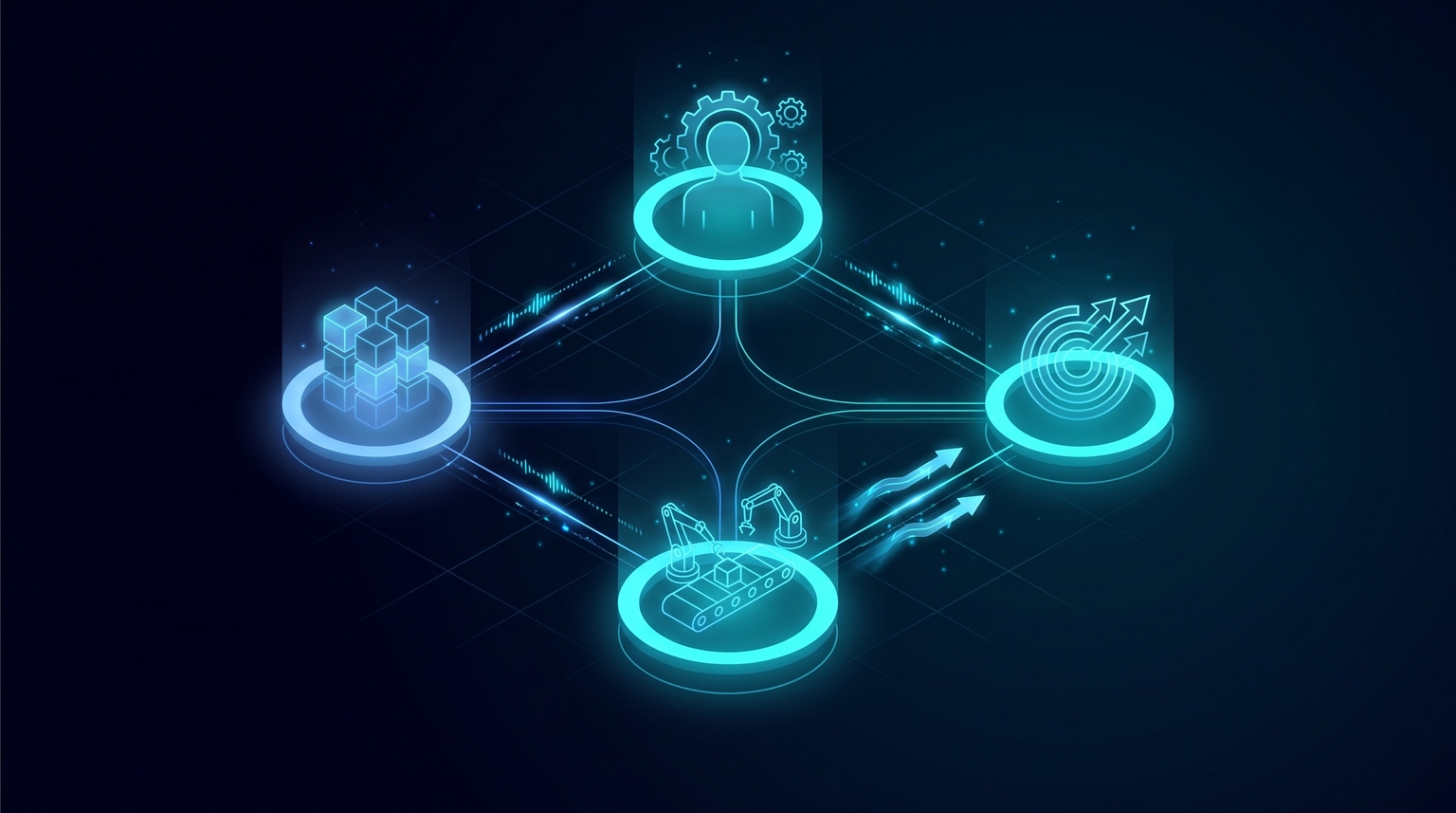 Cost optimization strategies: four cyan nodes connected by filament lines forming a strategy hub — Standardize Stack, Build Operator Independence, Invest in Compounding Tools, Automate Boring Parts