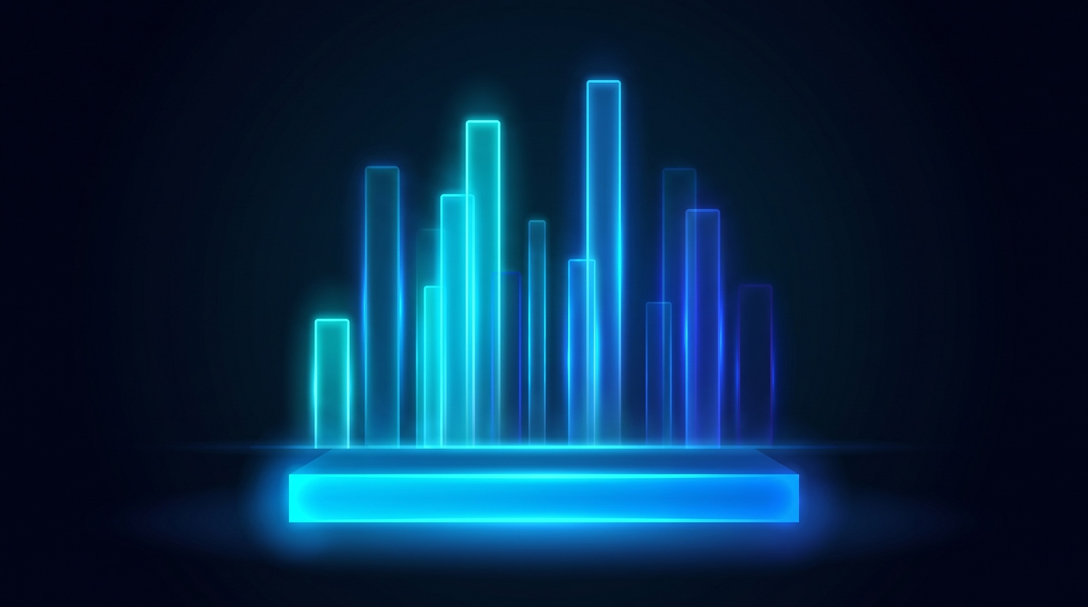 Annual cost breakdown: vertical bar chart with multiple bars in varying cyan intensities representing different cost categories (infrastructure, content, team, compliance, reserve), sum visual at the bottom in brightest electric-blue