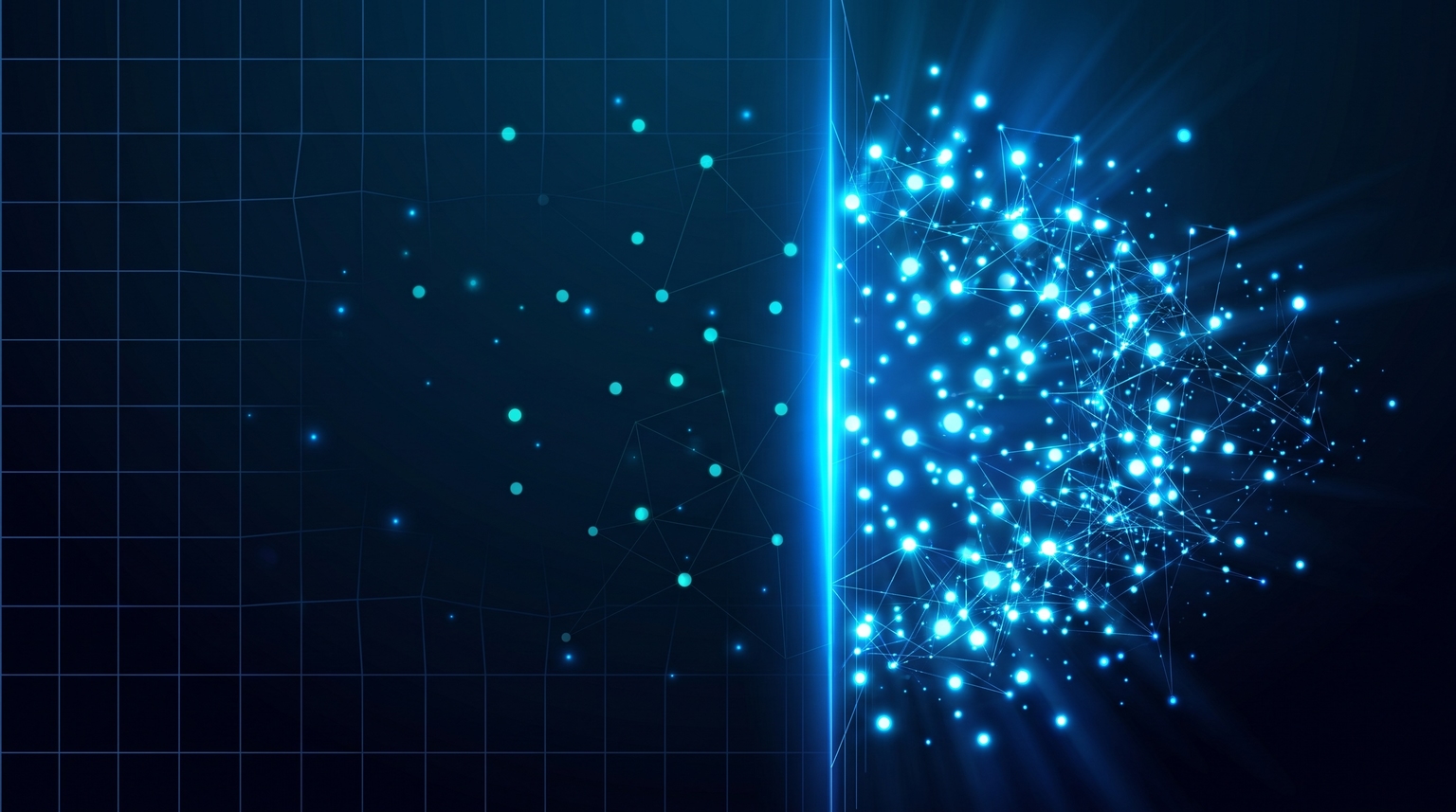 Output comparison: few dim cyan dots on the left (no AI output) vs many bright glowing cyan dots on the right (with AI output) — dramatic difference in scale