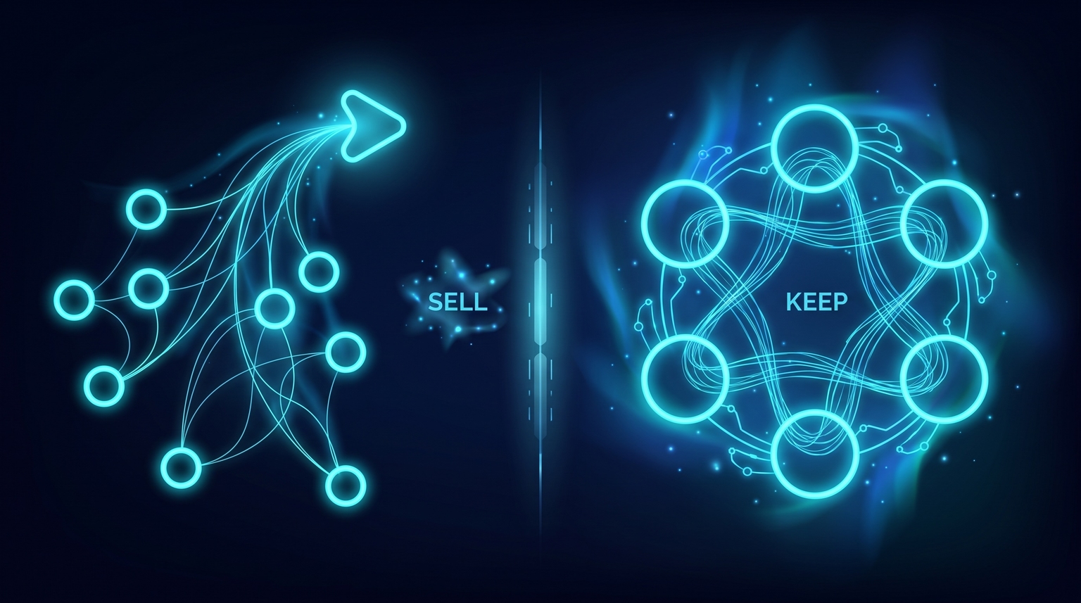 Build to sell vs build to keep: cyan nodes with thin filament connections to a final exit node on the left (sell) vs cyan nodes with deeper internal connections representing compounding on the right (keep), vertical divider
