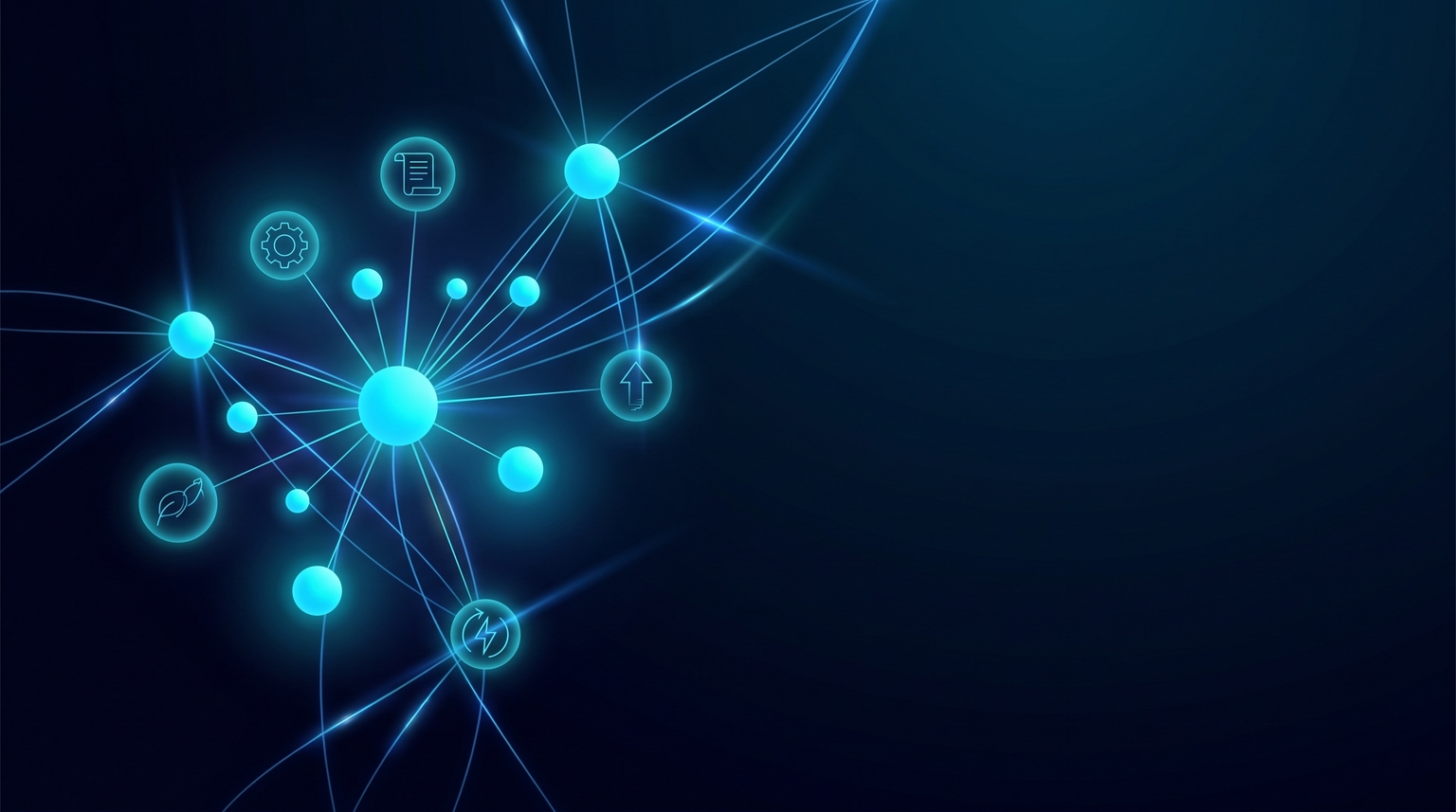 Buyer priorities constellation: multiple cyan nodes representing what buyers want (predictable revenue, clean operations, documentation, growth potential) connected by filament lines forming a small cluster