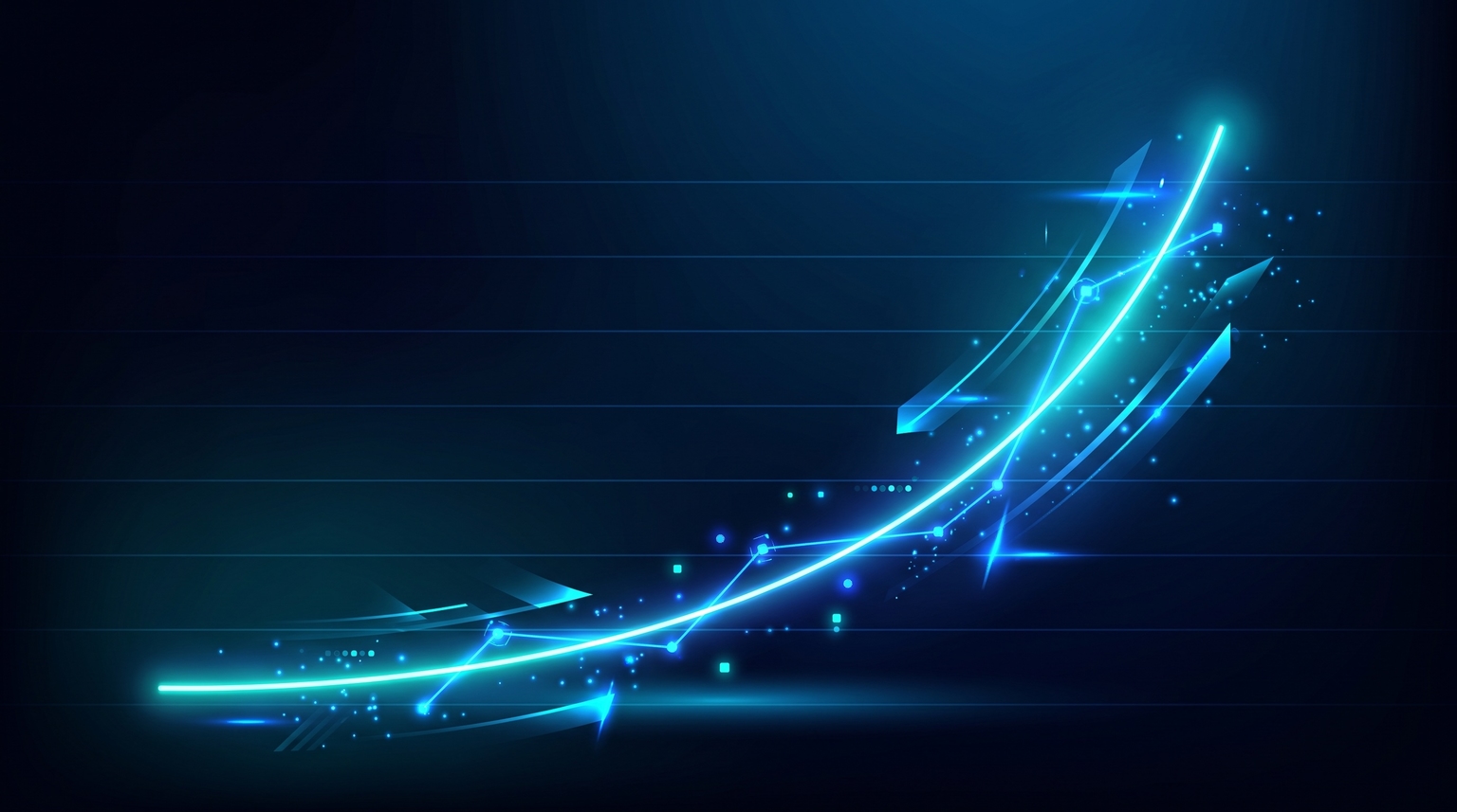 Compounding growth chart: a glowing cyan line ascending gradually in a curve that gets steeper over time, suggesting compounding returns