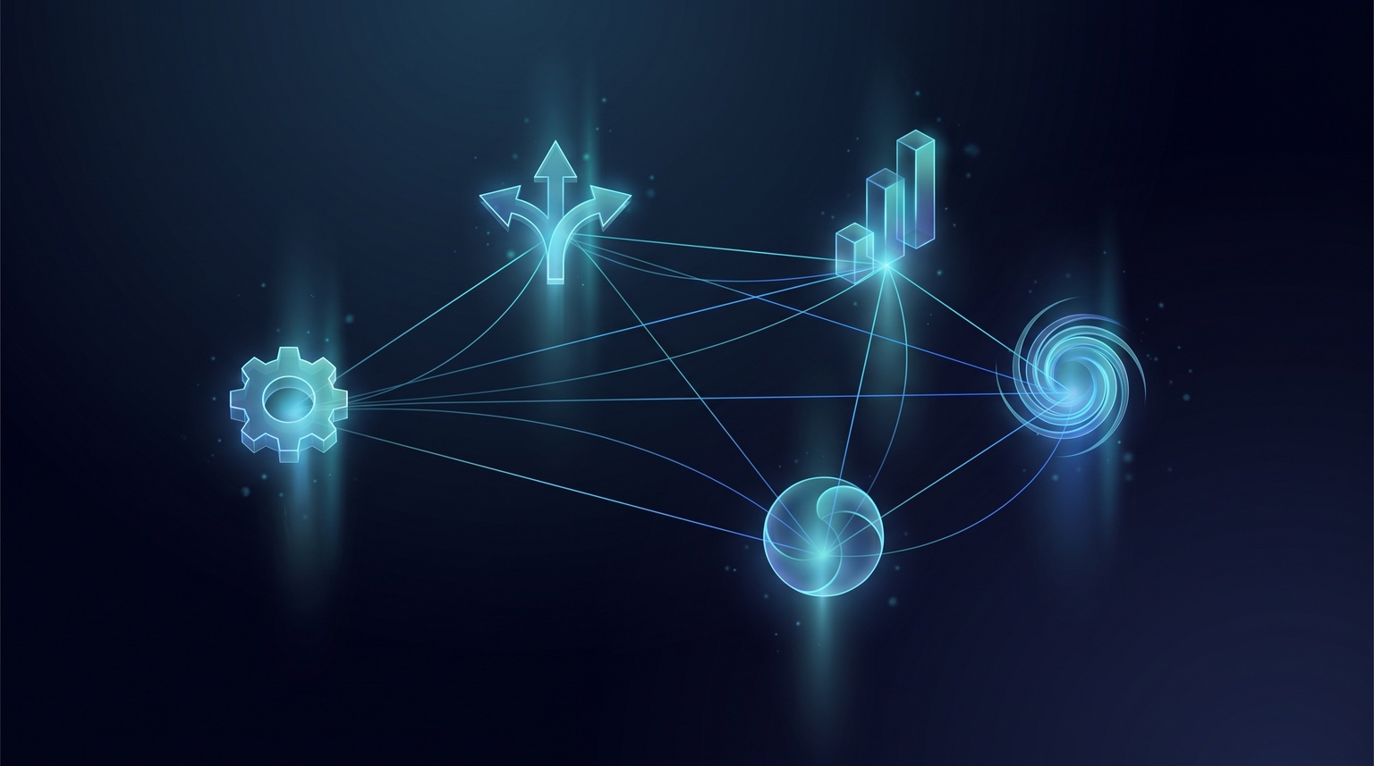 Key metrics constellation: three or four glowing cyan data points representing the metrics that matter for sustainable growth, connected by thin filament lines