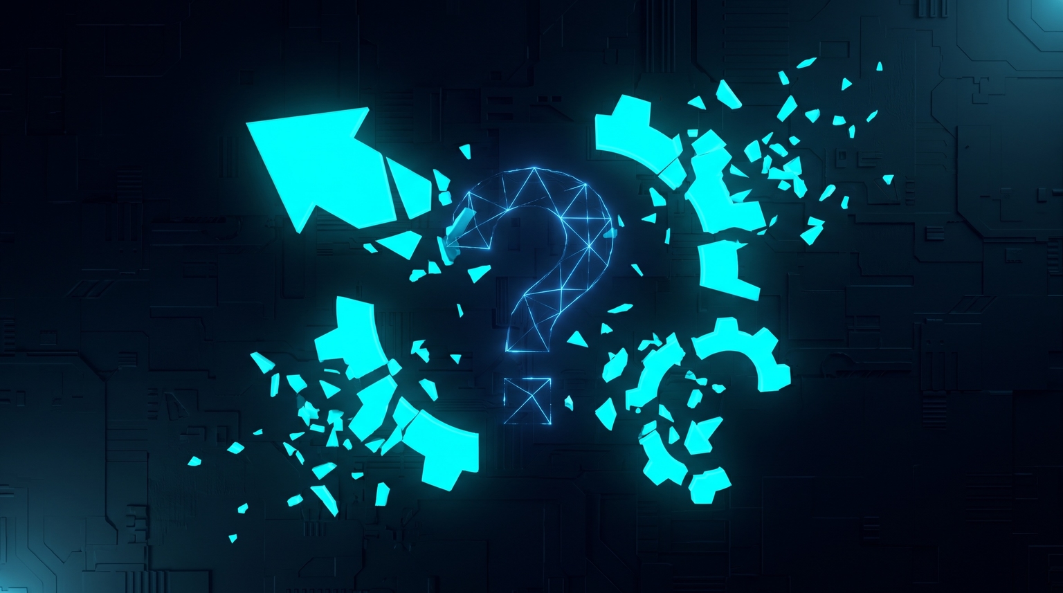 Launch failure modes: multiple dim cyan shapes scattered and broken, representing the ways launches fail, with a subtle question mark form in electric-blue