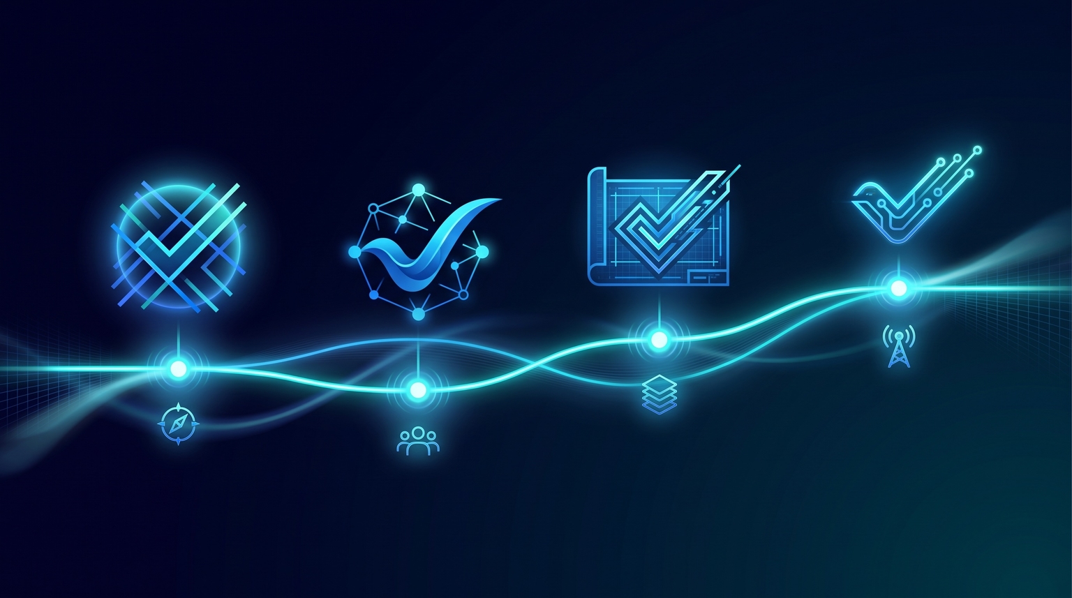 Pre-launch checklist timeline: a horizontal glowing cyan line with multiple milestone nodes (Positioning, Audience, Assets, Channel), each with a checkmark form in electric-blue