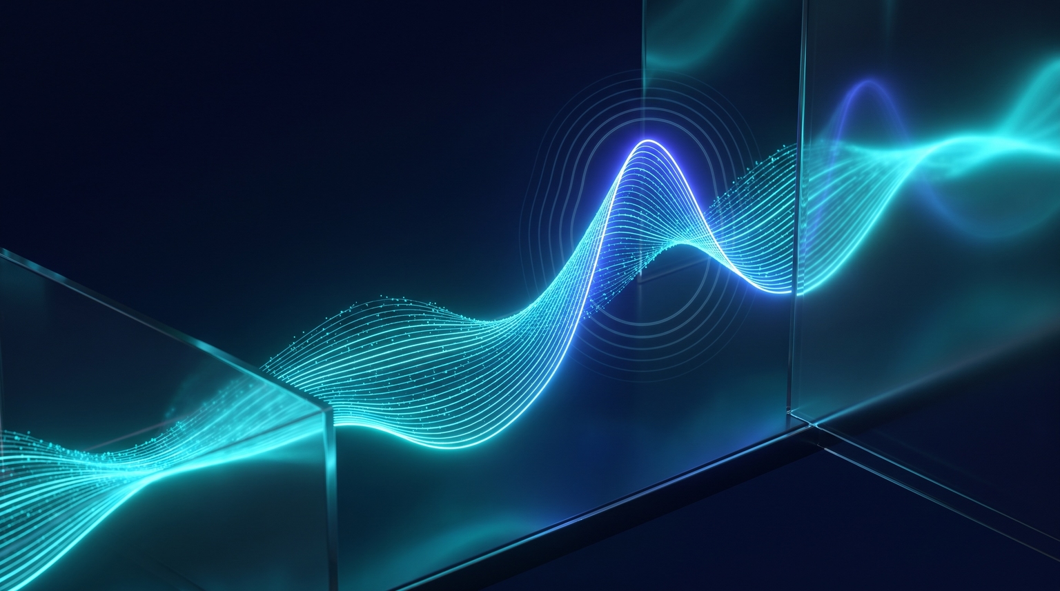 Voice waveform visualization: a flowing glowing cyan waveform that curves through 3D space with one prominent peak highlighted in electric-blue, subtle sound-emanation rings