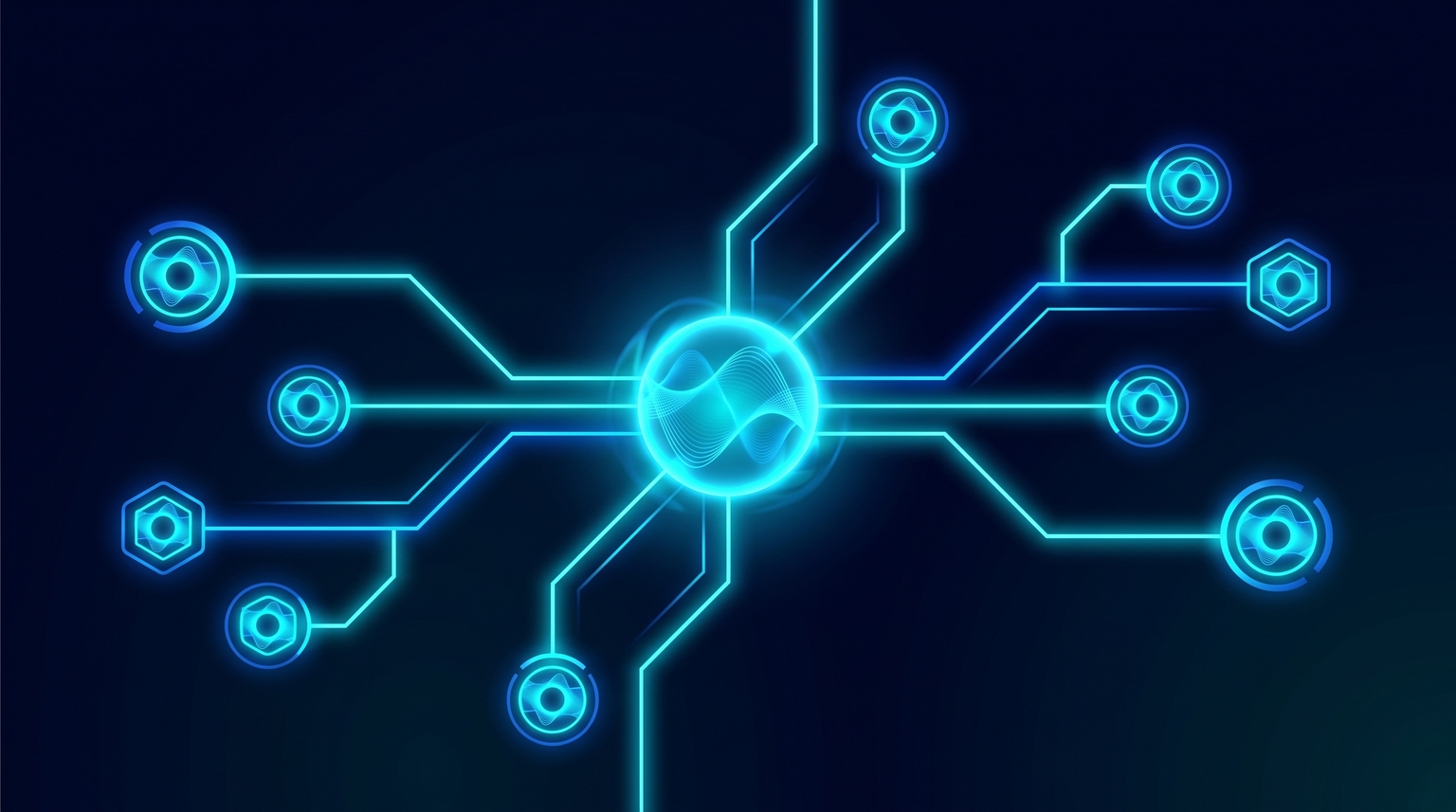 Voice consistency application: a central voice node radiating identical cyan glow patterns outward to multiple application nodes (website copy, social posts, support emails) at equal intensity