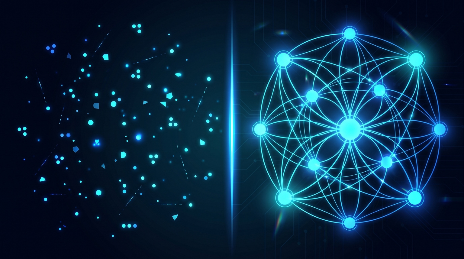 Keyword-by-keyword vs topical authority: scattered disconnected cyan dots on the left (individual keywords) vs a connected network of glowing cyan nodes on the right (topical cluster)