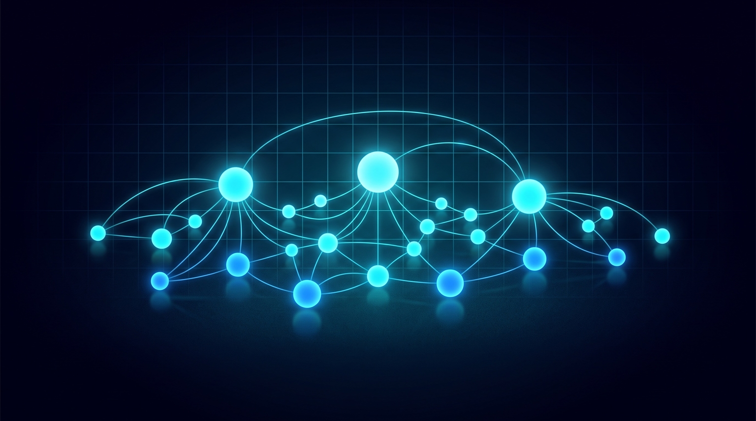 Topic coverage map: a wide horizontal spread of glowing cyan nodes of varying sizes connected by thin filament lines forming an organic network representing the breadth of a topic map
