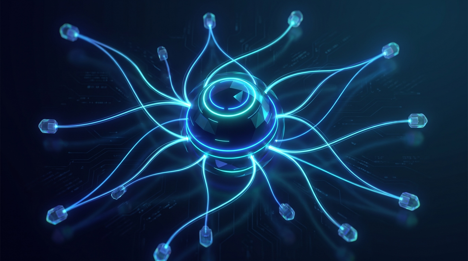 Hub-and-spoke structure: a central glowing cyan hub node with multiple radiating spokes connecting to smaller peripheral spoke nodes, each spoke ending in a translucent terminal node
