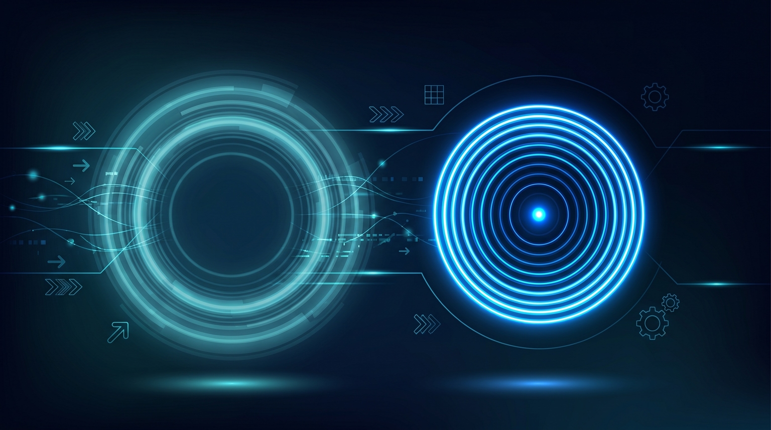 Big market vs niche market: faded large concentric rings with no clear center (big market) vs tight concentric rings with a brilliant electric-blue dot at dead center (niche market precision focus)