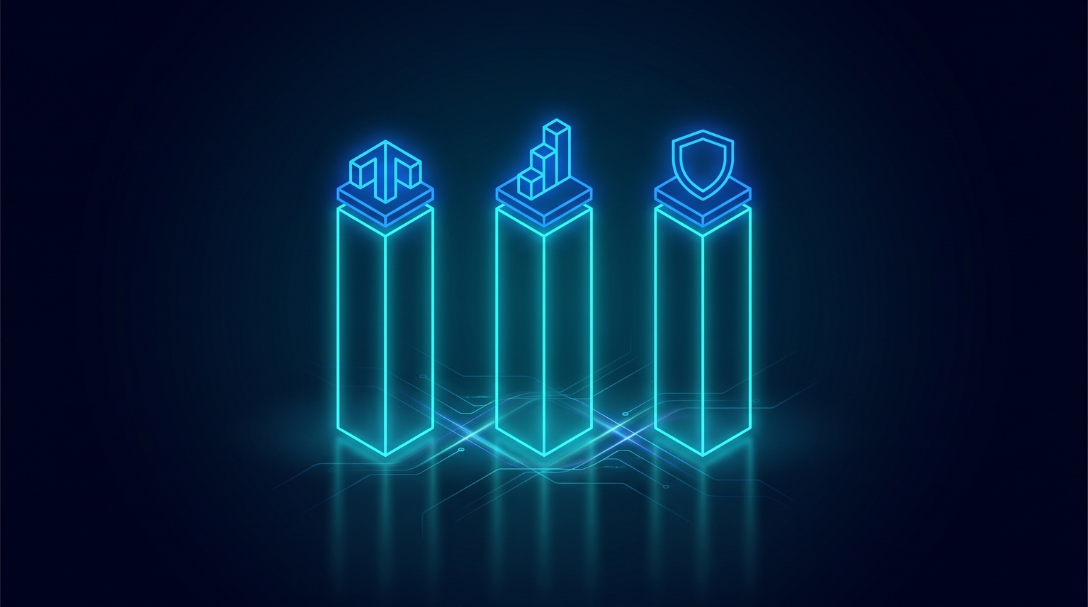 Three reasons niche markets outperform (Lower CAC, Higher LTV, Defensible Position) — three glowing cyan pillars of equal height in a row, each capped with an electric-blue accent