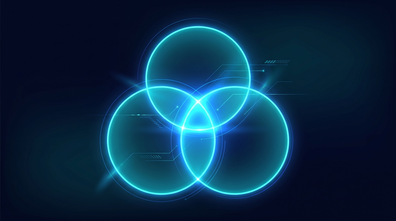 Niche criteria venn diagram: three translucent cyan circles overlapping at a center point glowing brightest electric-blue (the intersection of Underserved, Passionate, Reachable)