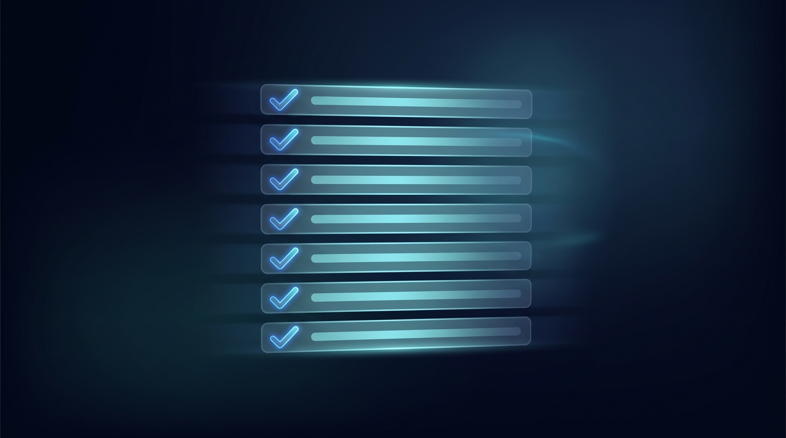 Compliance checklist as a vertical column of translucent rows, each with a glowing electric-blue checkmark form on the left side, six or seven rows stacked vertically
