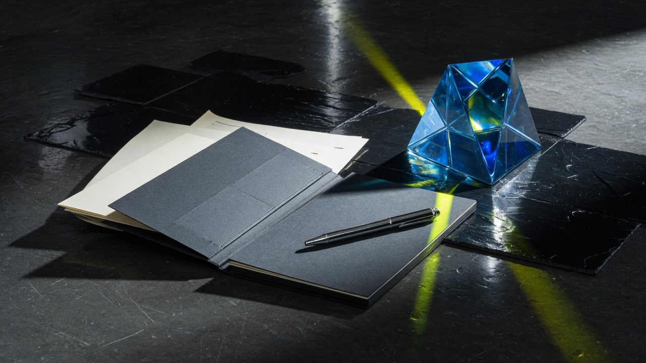 Editorial press still with direct flash, press folders, and a brand-blue optical prism