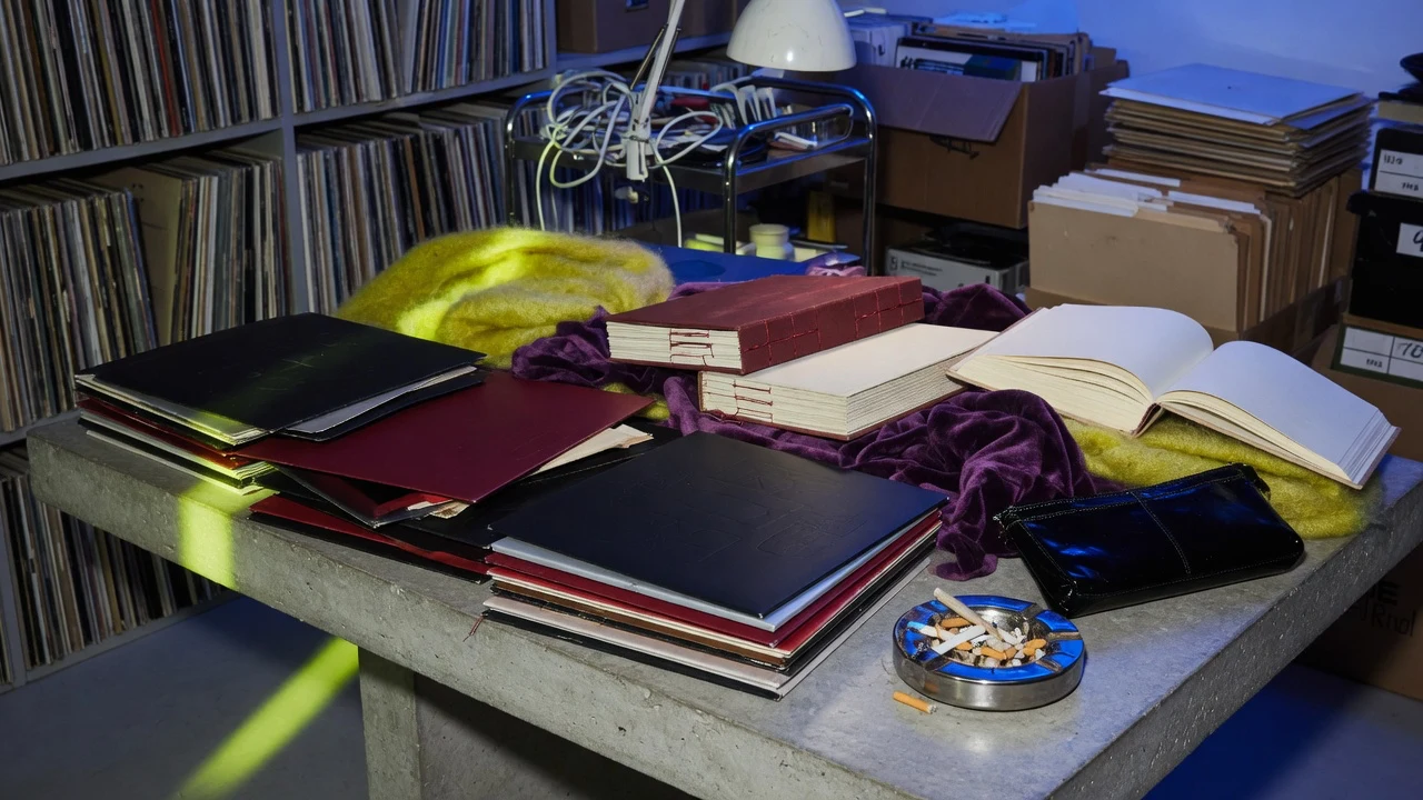 High-fashion editorial still in an independent publishing archive with vinyl records and art books under direct flash.