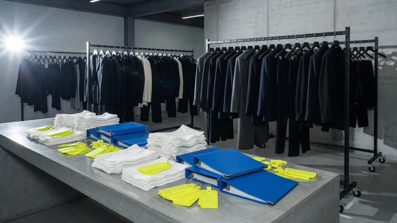 High-fashion editorial still inside a luxury brand design archive under hard direct flash with tailored racks and swatches.