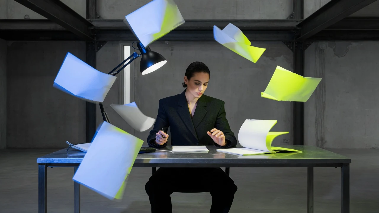High-fashion editorial portrait of a writer in a stark architectural studio under direct flash with crisp manuscript pages.