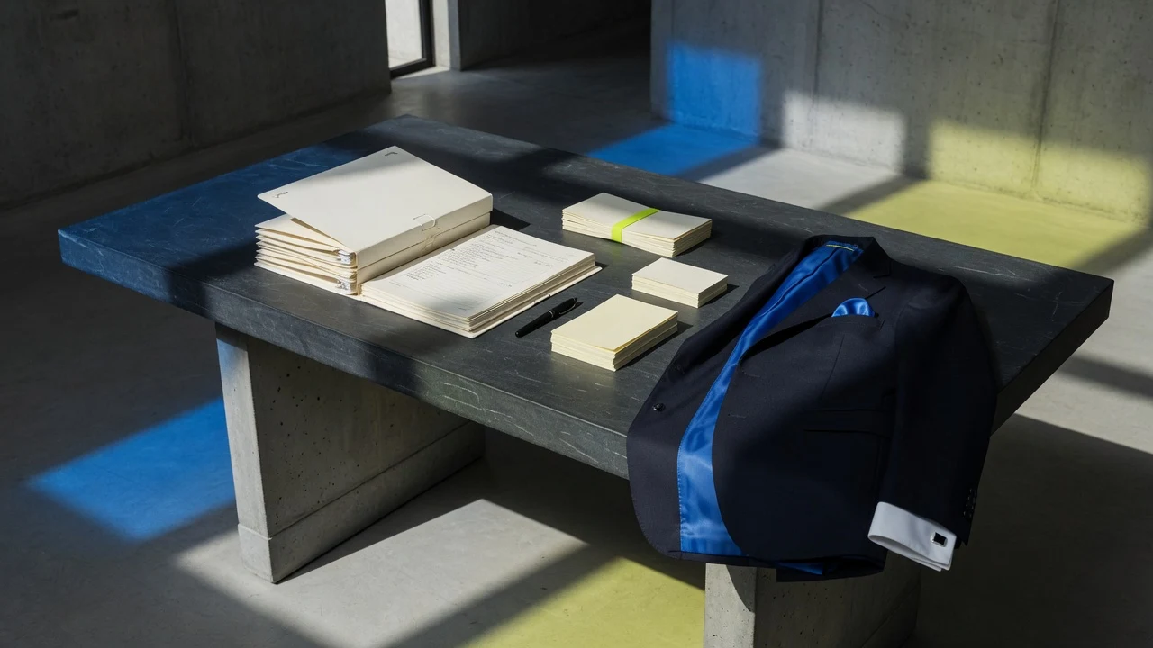 Architectural, restrained high-fashion editorial composition of a slate and concrete desk under direct flash.