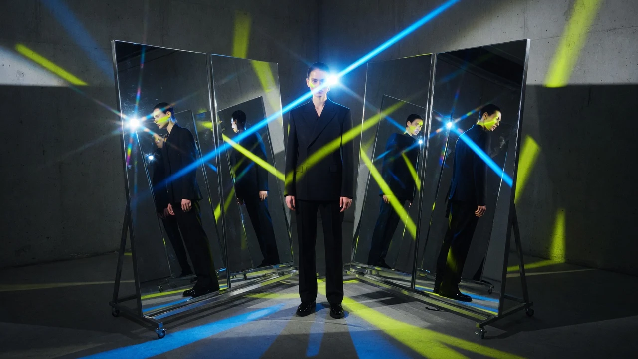 High-fashion editorial still exploring reflection and optics under direct ring flash with mirrored surfaces.