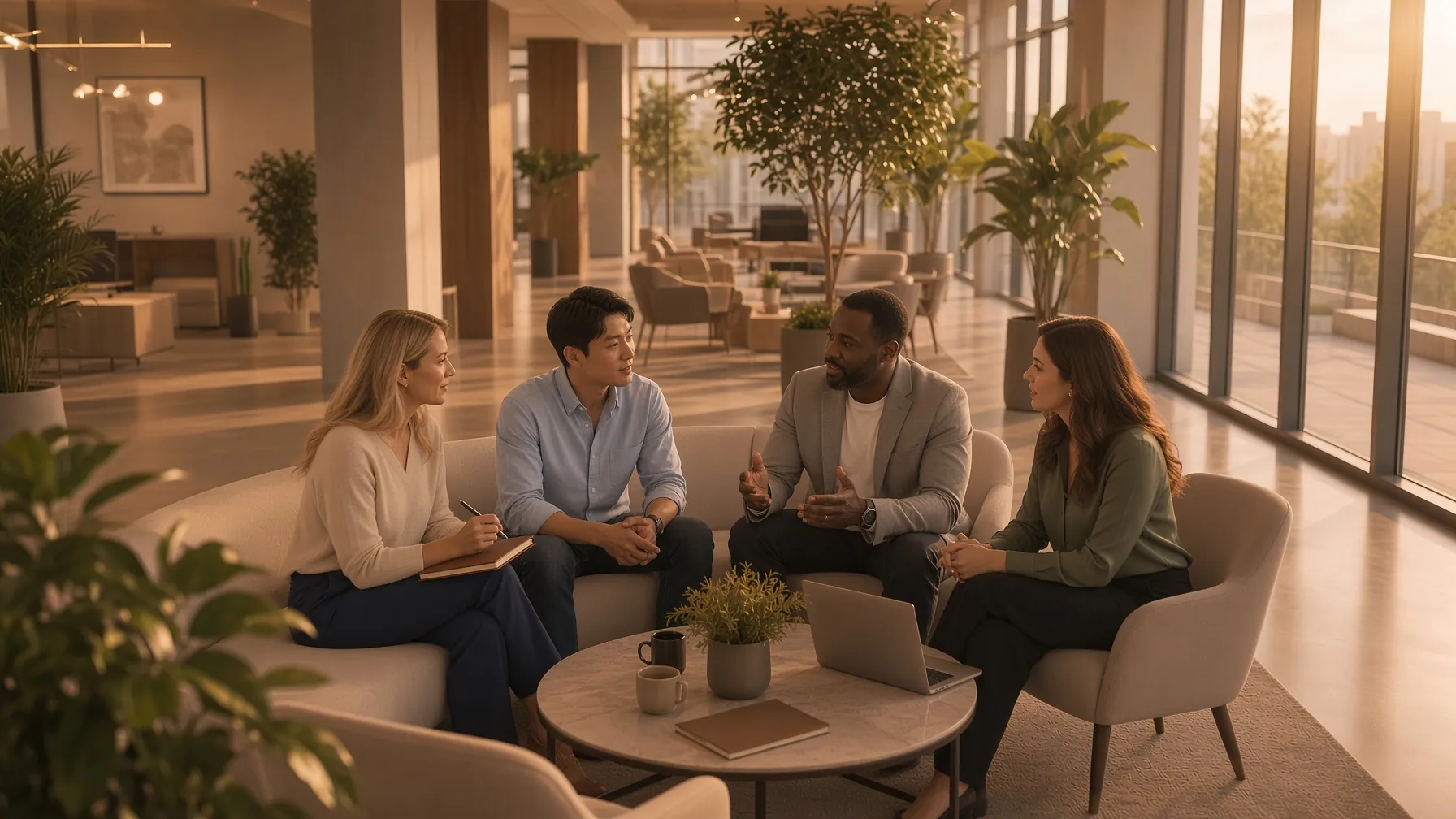 Four colleagues in conversation on lounge seating in a sunlit office, a laptop and coffee on the table between them.