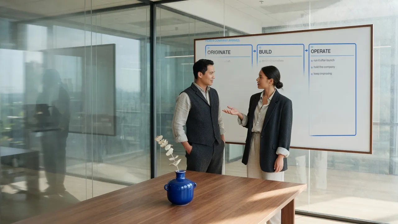 Two colleagues beside a walnut-framed whiteboard showing Originate, Build, Operate in a glass office.