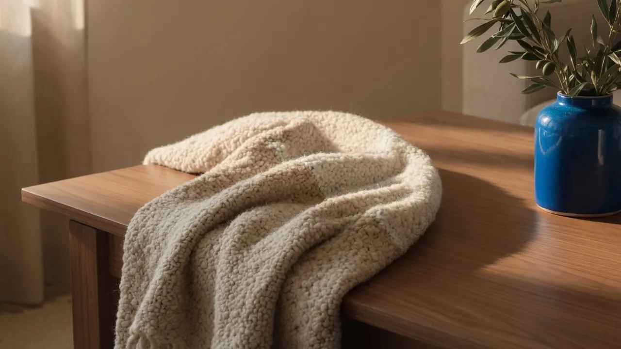 Knit throw and a blue ceramic vessel on a walnut table in warm window light.