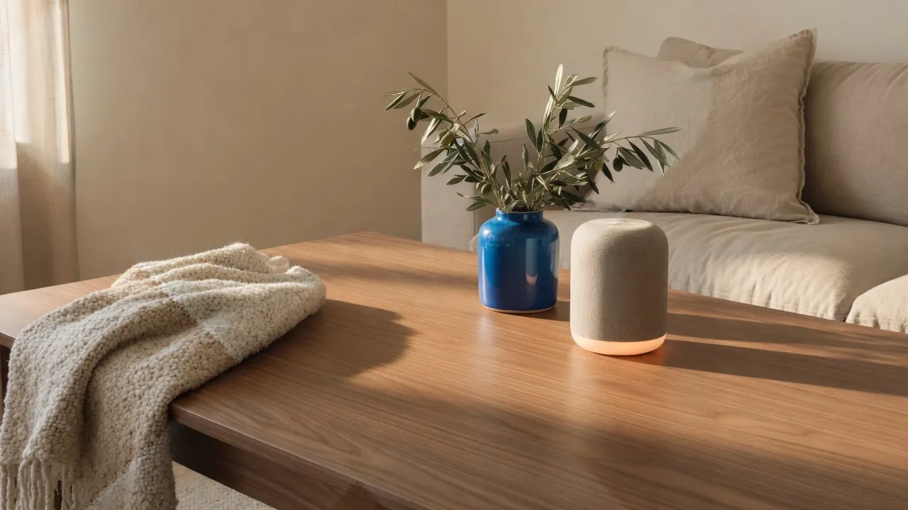 Walnut table in a sunlit room with a fabric speaker, a blue ceramic vessel, knit throw, and linen sofa.
