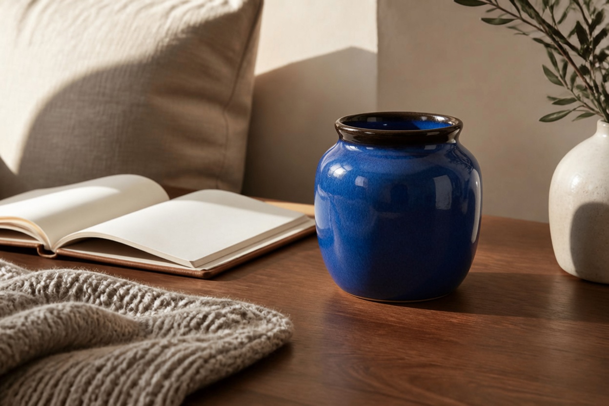 Handmade stoneware vessel with a deep blue glaze beside folded linen.