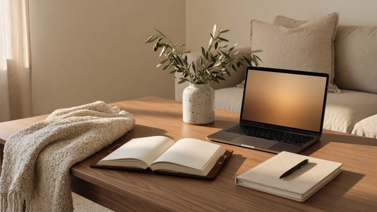 Laptop with an abstract interface on an oak desk beside a speaker.