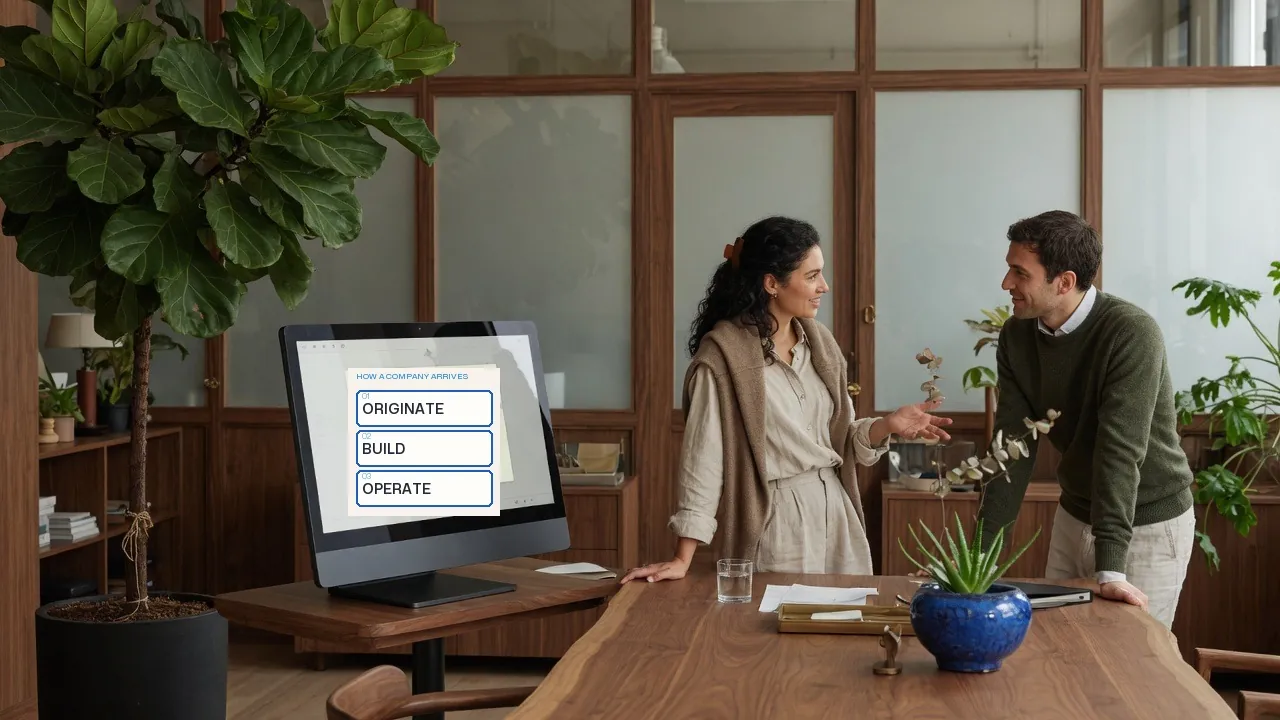 Two colleagues talking by a fiddle-leaf fig; a studio display shows Originate, Build, Operate.