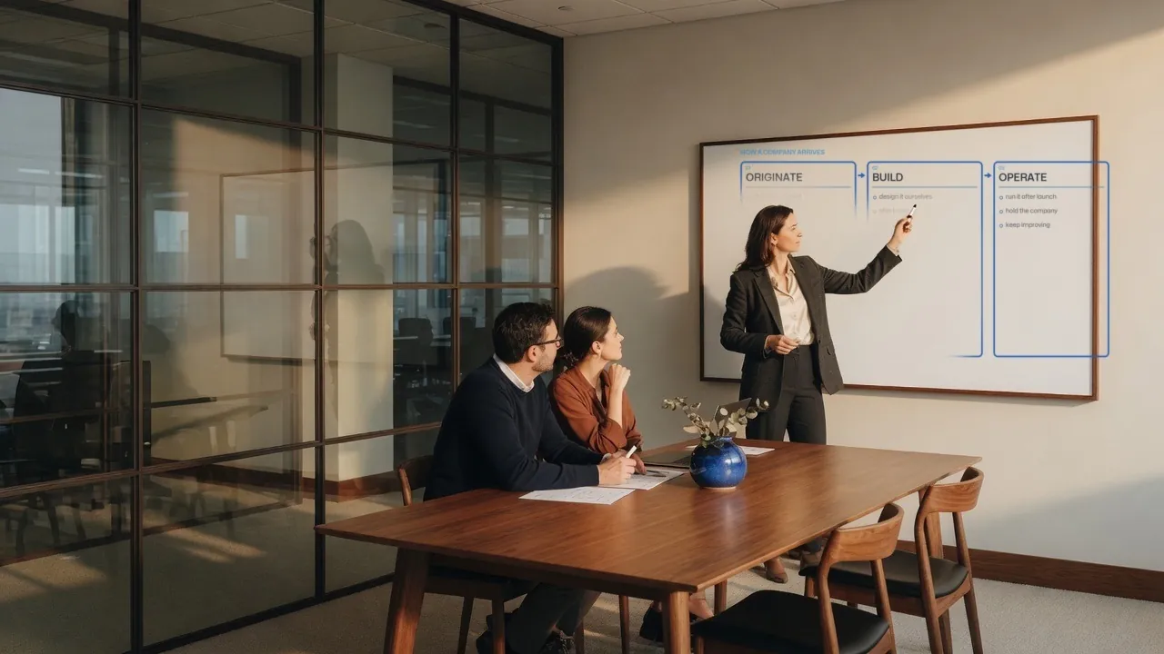 A software conference room with glass walls and Originate, Build, Operate on a walnut-framed whiteboard.