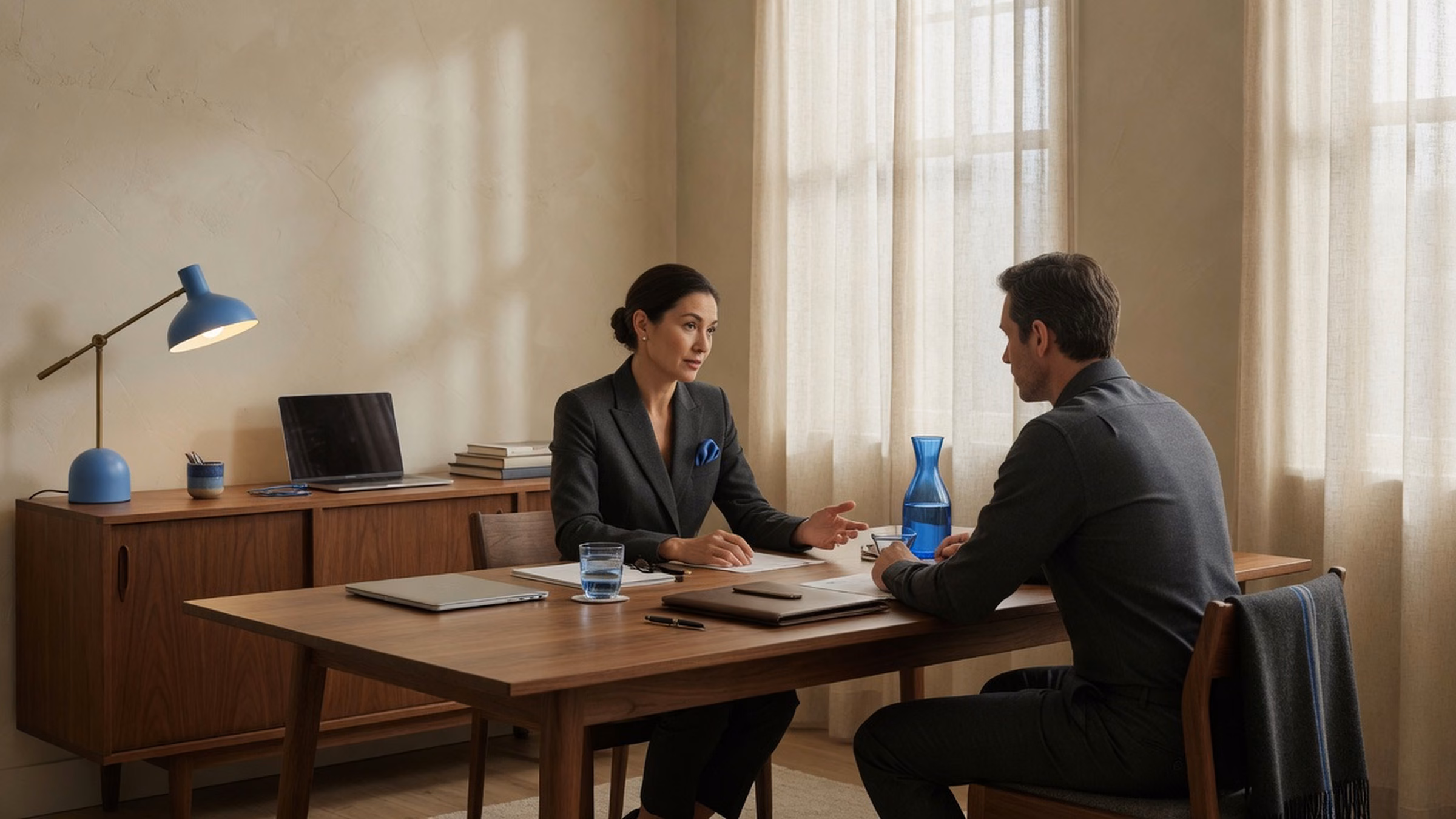 Two professionals in quiet conversation at a walnut table; charcoal wardrobe with #1B6BB5 pocket square and glass carafe accents; cream plaster, linen curtains; left third calm
