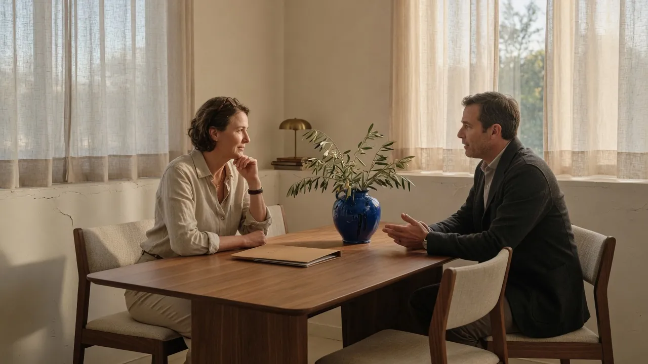 Two colleagues in conversation at a walnut table with a blue ceramic vessel.