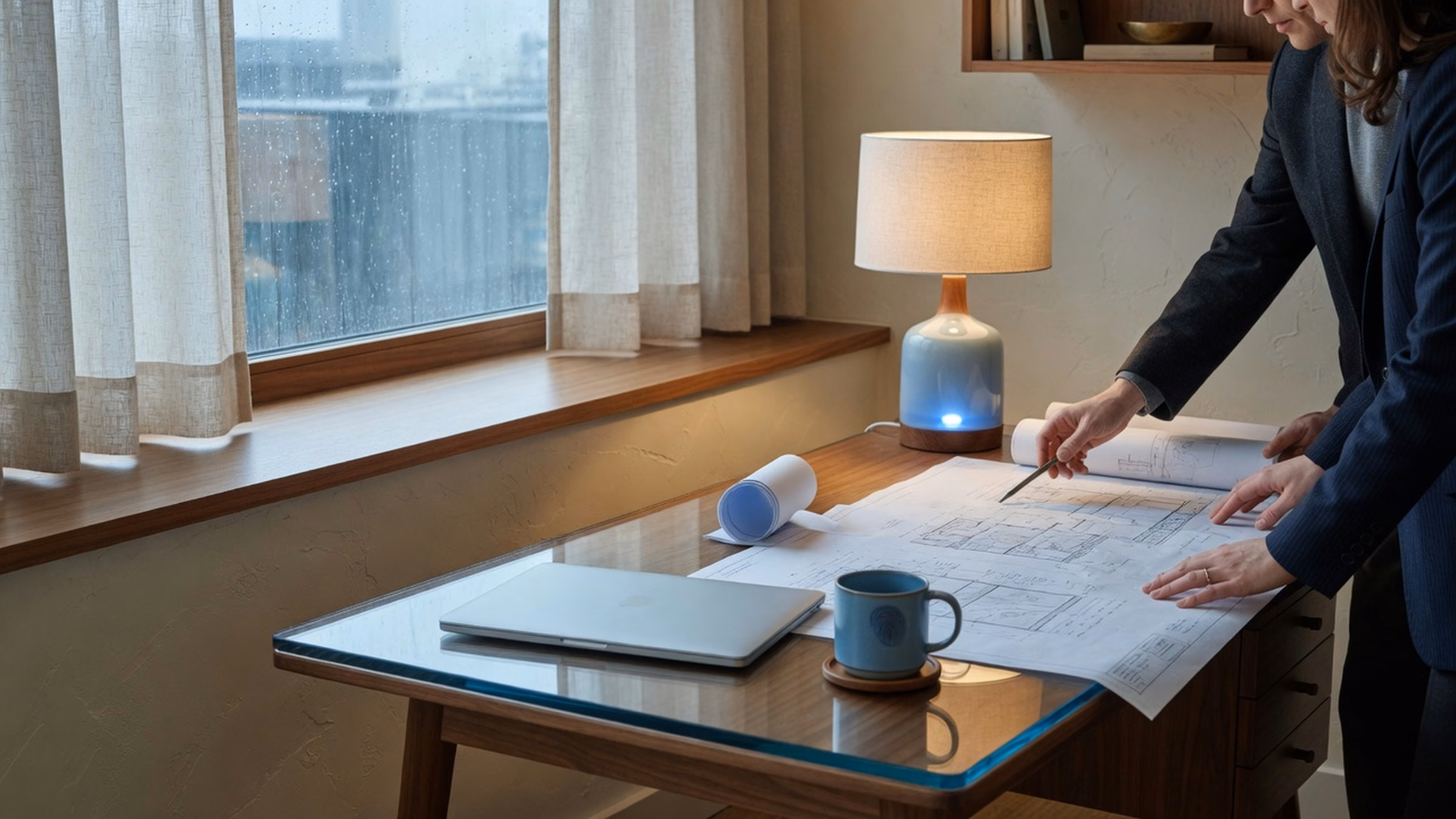 Two professionals reviewing paper plans at a walnut desk by tall linen-sheer windows; #1B6BB5 ceramic mug and lamp base; warm plaster and walnut