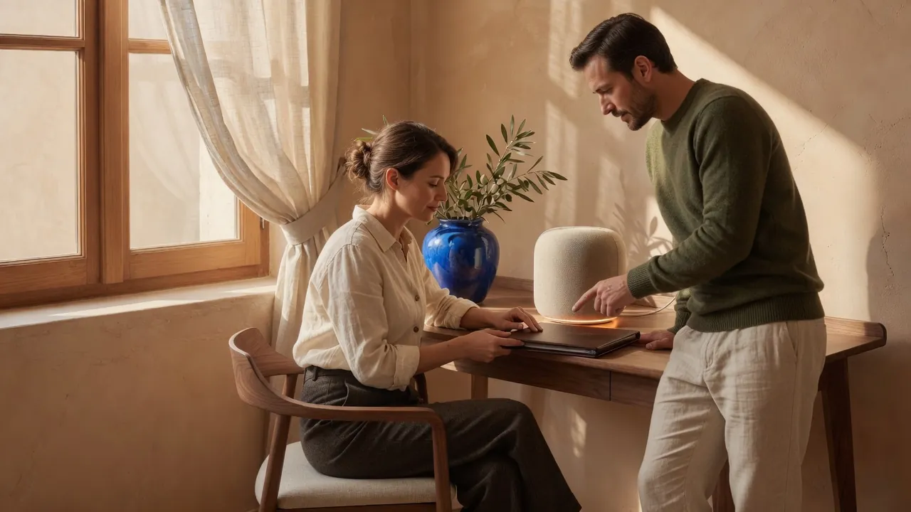Two colleagues at a walnut desk by a window, with a blue ceramic vessel and fabric speaker.